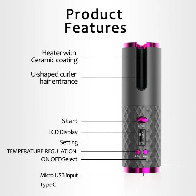 Ceramic Hair Curler: Rechargeable, Cordless, and Auto Rotating for Effortless Styling