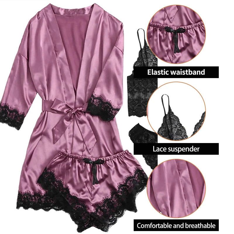 Summer 4 Piece Set of Women'S Lace Underwear Paired with Pajama Waistband Outer Robesexy Pajama Lace Patchwork Home Pajama Set