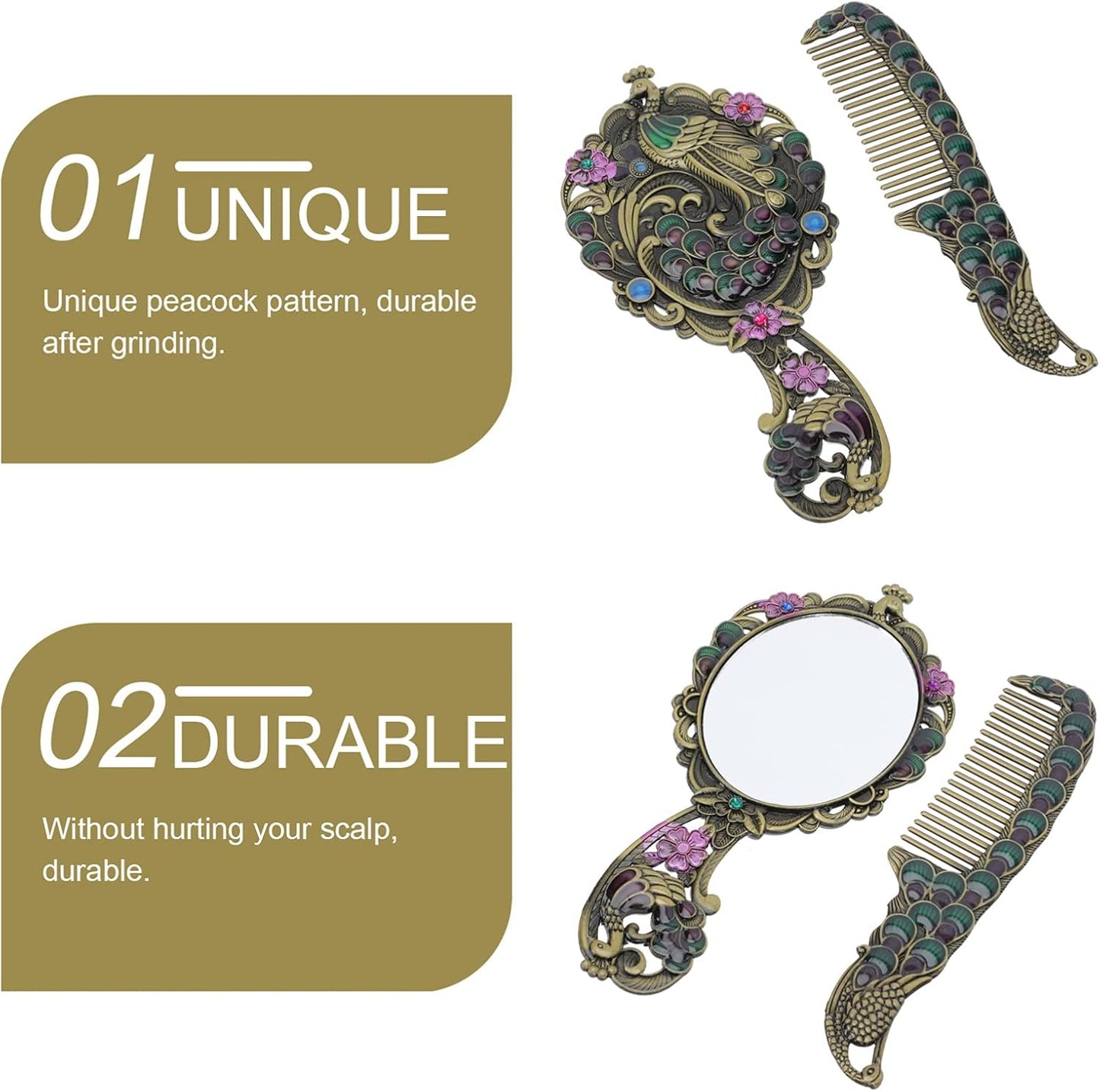 Elegant Vintage Peacock Handle Makeup Mirror Set - Portable Handheld Antique Cosmetic Mirrors for Travel and Personal Use