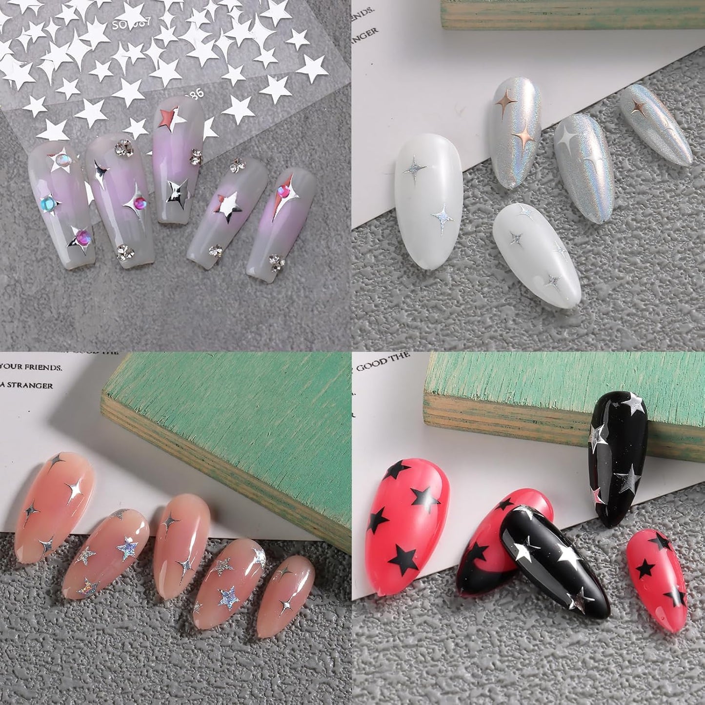 Star Nail Stickers 12Pcs Metallic Gold, Silver, White, Black Star Nail Decals Self-Adhesive Nail Art Stickers