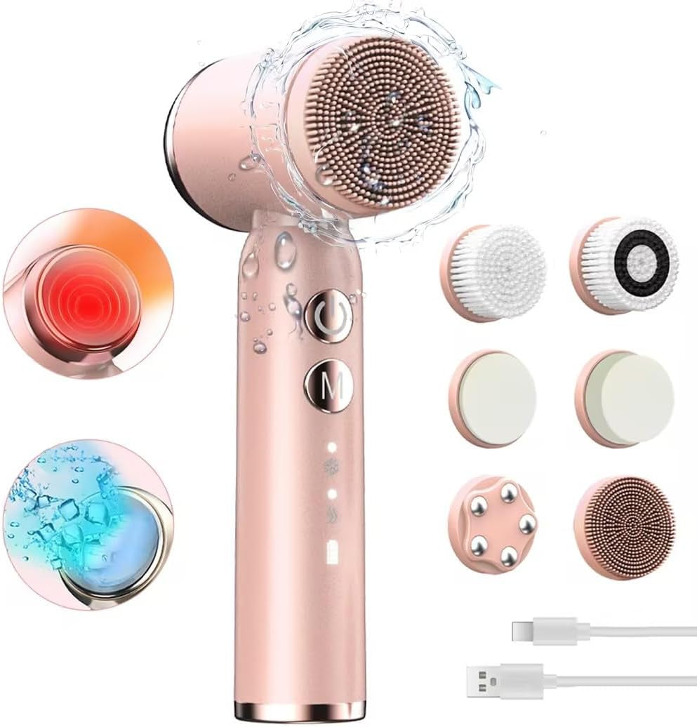 Ultimate 8-in-1 Electric Facial Cleansing Brush – Hot & Cold Compress, 6 Brush Heads, 3 Spin Speeds, Waterproof Exfoliator, Massager (Pink)