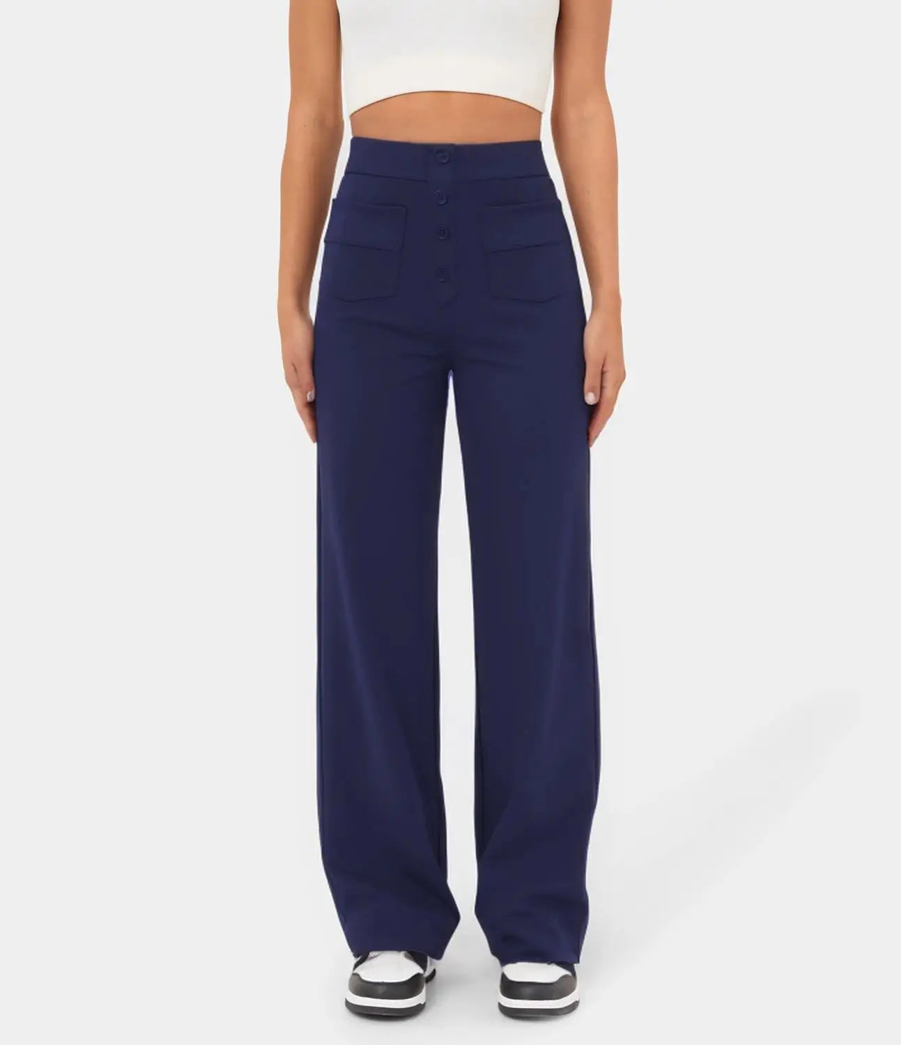 Fashion New Women'S Straight-Leg Casual Pants High-Waisted Buttoned Elastic Pockets Multiple Pockets Solid Pants