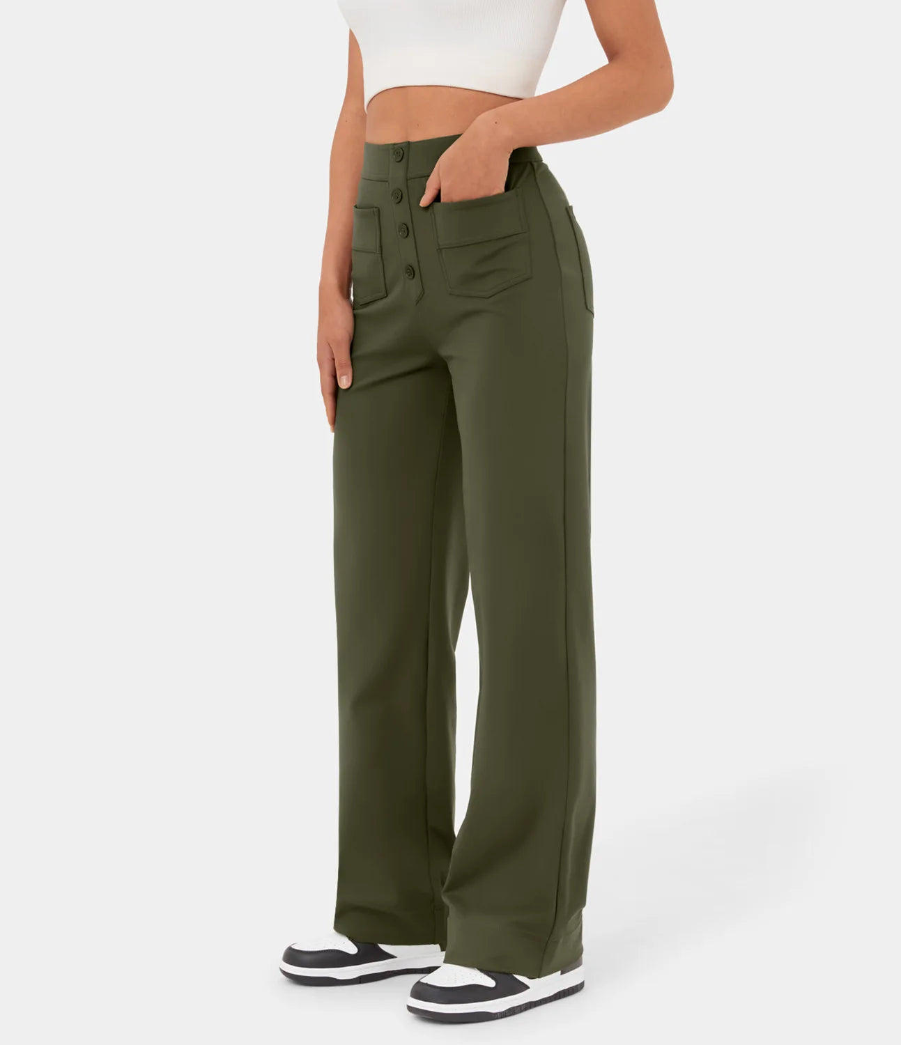 Fashion New Women'S Straight-Leg Casual Pants High-Waisted Buttoned Elastic Pockets Multiple Pockets Solid Pants