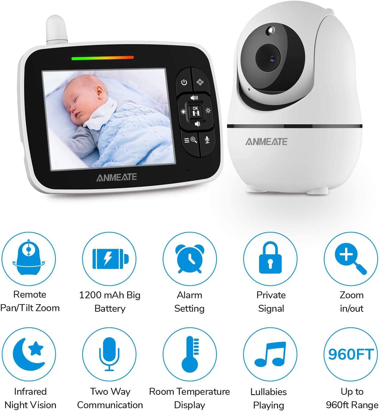 Baby Monitor with Remote Pan-Tilt-Zoom Camera,Large Display Video Baby Monitor with Camera and Audio |Infrared Night Vision |Two Way Talk | Room Temperature| Lullabies and 960Ft Range(Black)