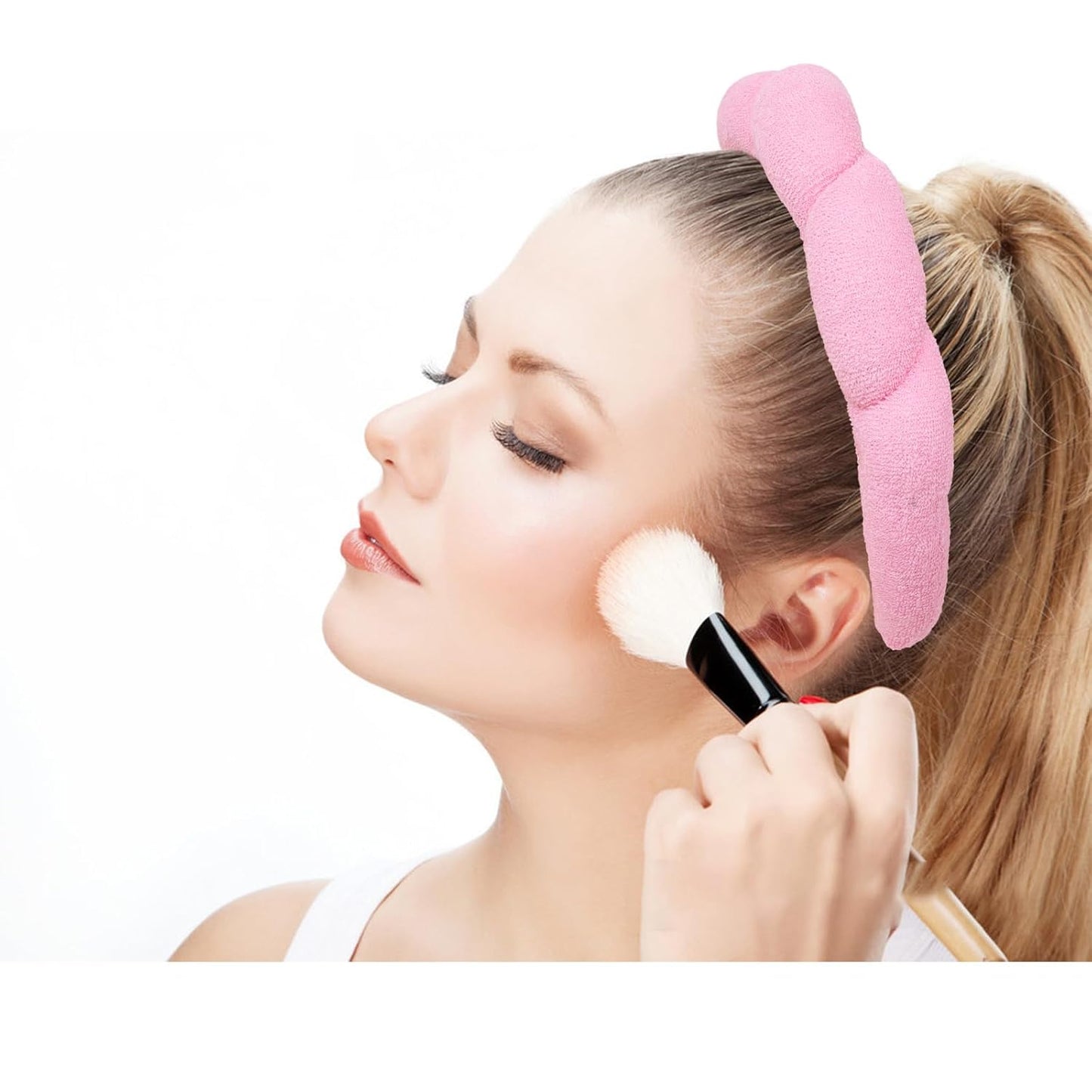 Pink Skincare Headband and Wristband Set for Washing Face, Makeup, Spa - Bubble Puffy Terry Cloth Soft Sponge Clouds Hair Accessories for Women