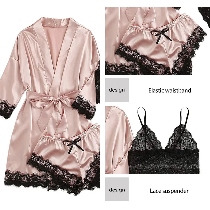 Summer 4 Piece Set of Women'S Lace Underwear Paired with Pajama Waistband Outer Robesexy Pajama Lace Patchwork Home Pajama Set