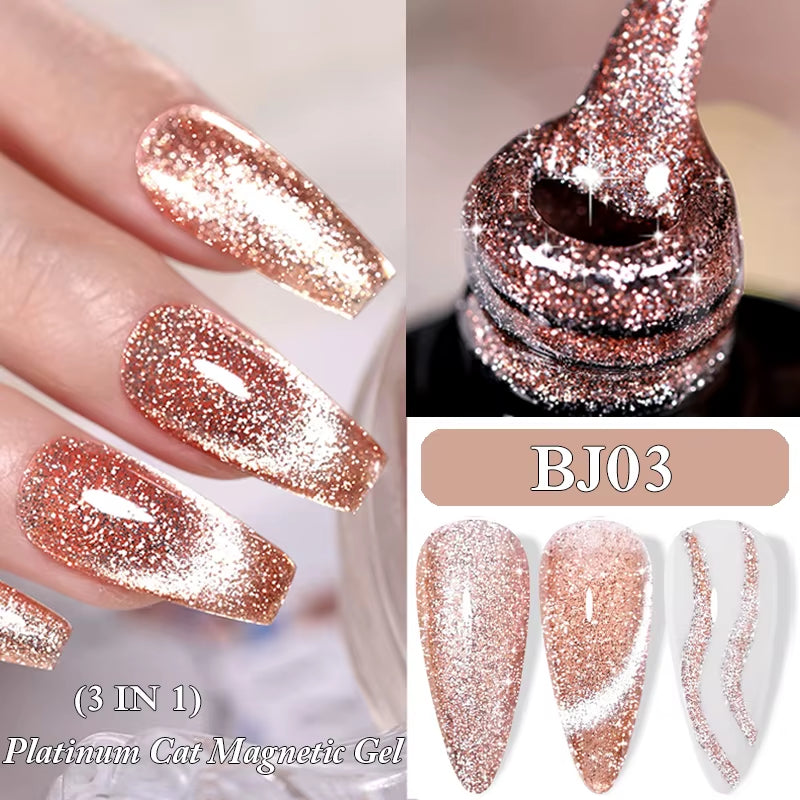 3-in-1 Platinum Rose Gold Cat Magnetic Gel Nail Polish - 7ML Moonlight Glitter UV Varnish for Stunning Semi-Permanent Manicures