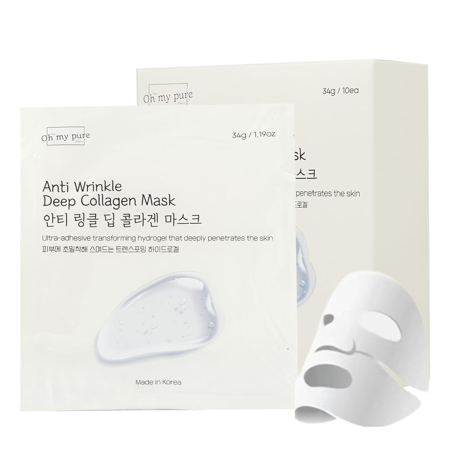 OHMYPURE Hydrogel Antiwrinkle Deep Collagen Face Mask 4+1 EA Ultimate Hydration, Improves Skin Texture, Affordable Luxury, Glowing Skin, Reduces Fine Lines & Wrinkles, Made in Korea (5, Deep Collagen)