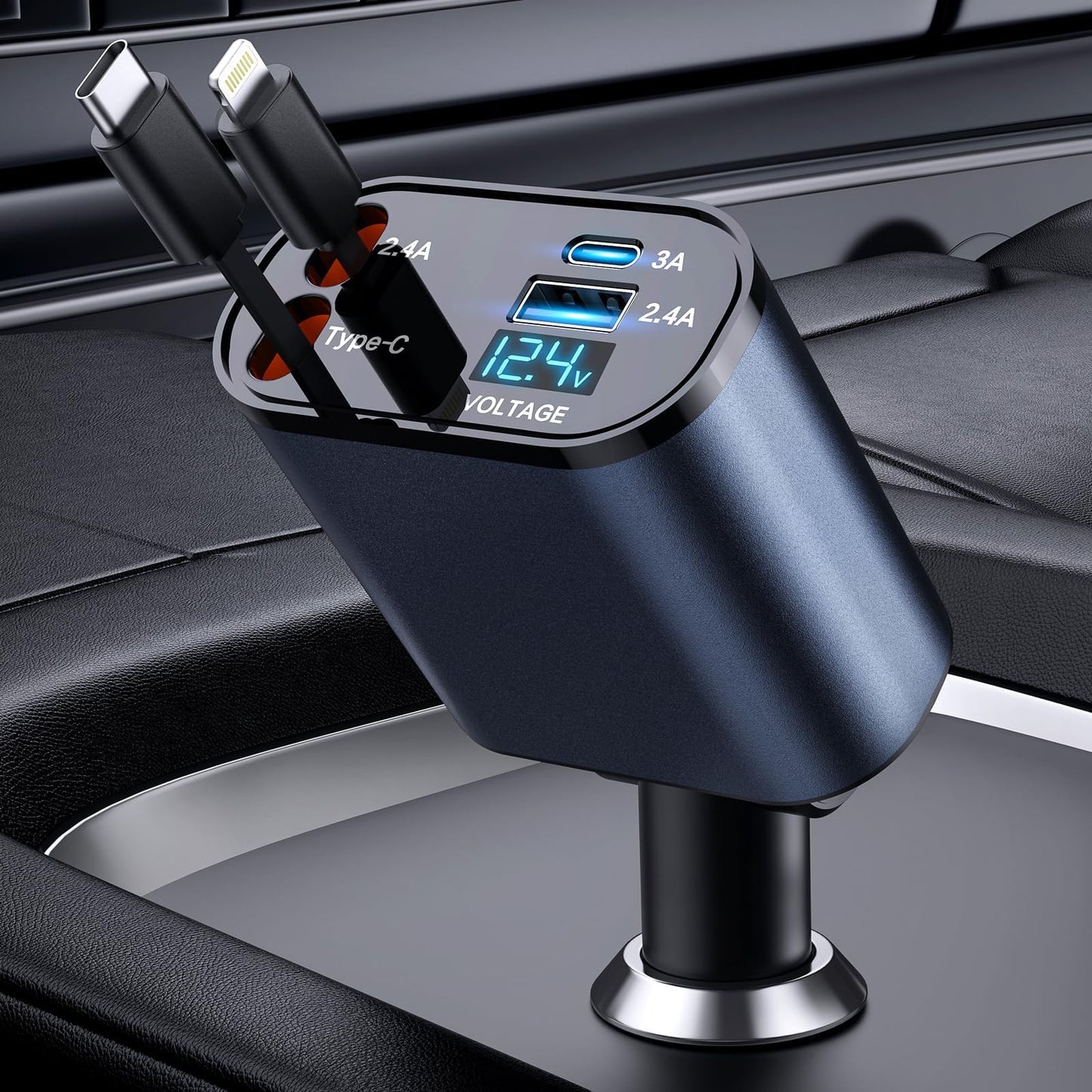 TIKTOK SHOP Retractable Car Charger, 4 in 1 Fast Car Phone Charger 66W, Retractable Cables and USB Car Charger, Compatible with iPhone 15/14/13/12/11,Galaxy,Pixel