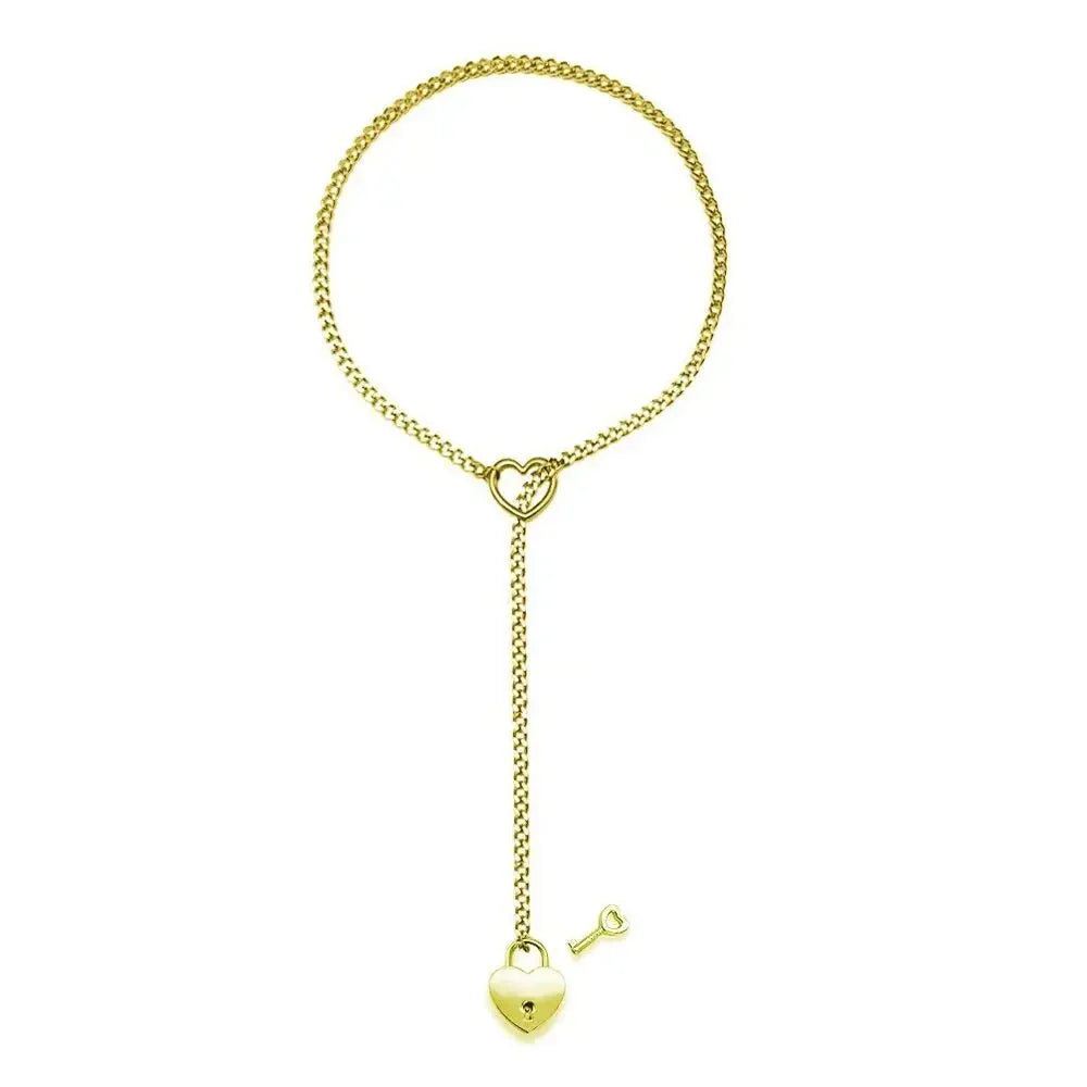 Heart Chain Necklace with Key & Heart Lock Pendant - Adjustable Gold, Silver, or Black Design
