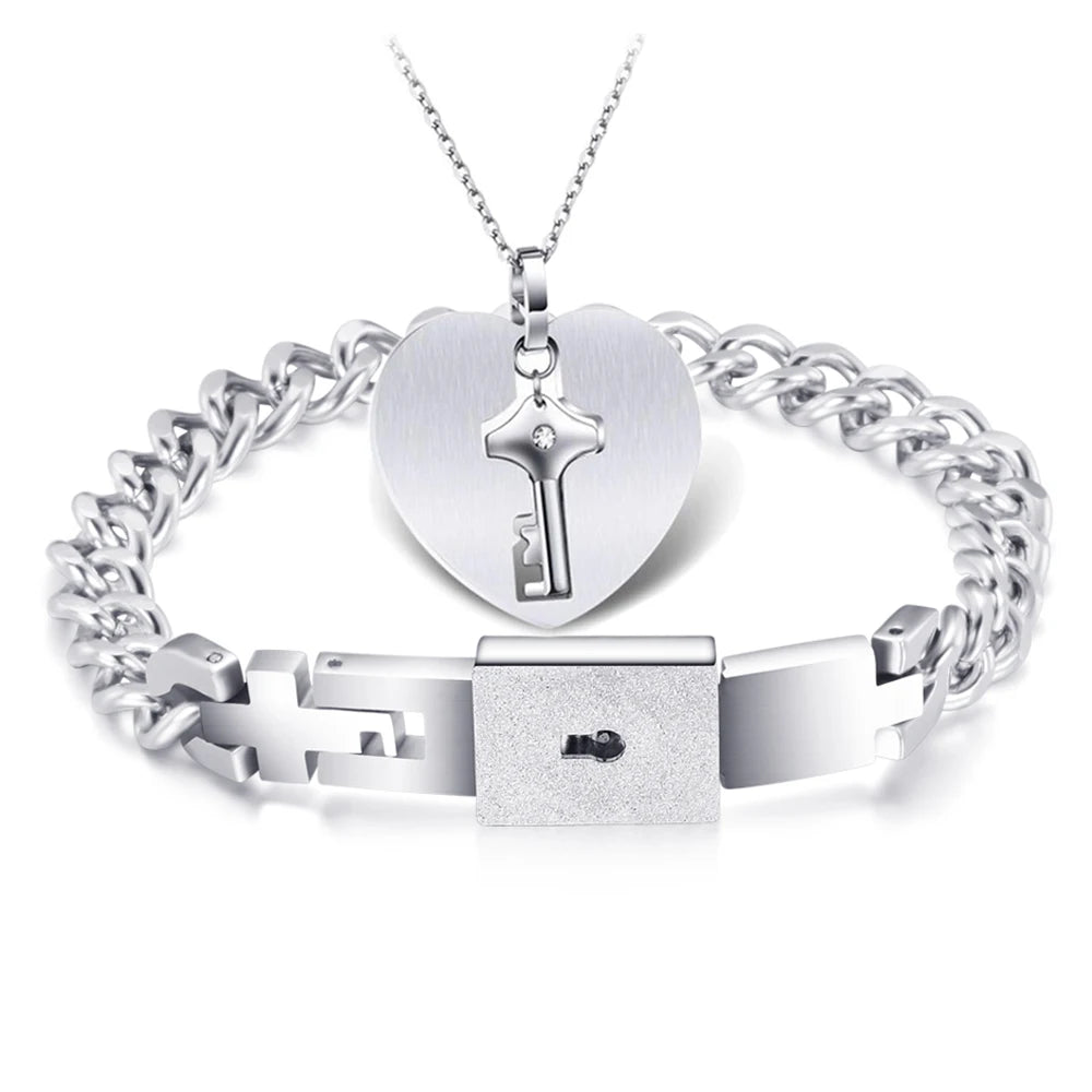 Stainless Steel Love Heart Jewelry Set - Elegant Lock & Key Pendant Necklace and Bracelet Combination