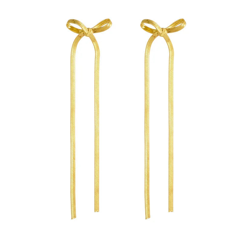 Fashion Long Tassel Bow Earrings for Women Stainless Steel Flat Snake Chain Bowknot Drop Earrings Statement Jewelry Girls Gift
