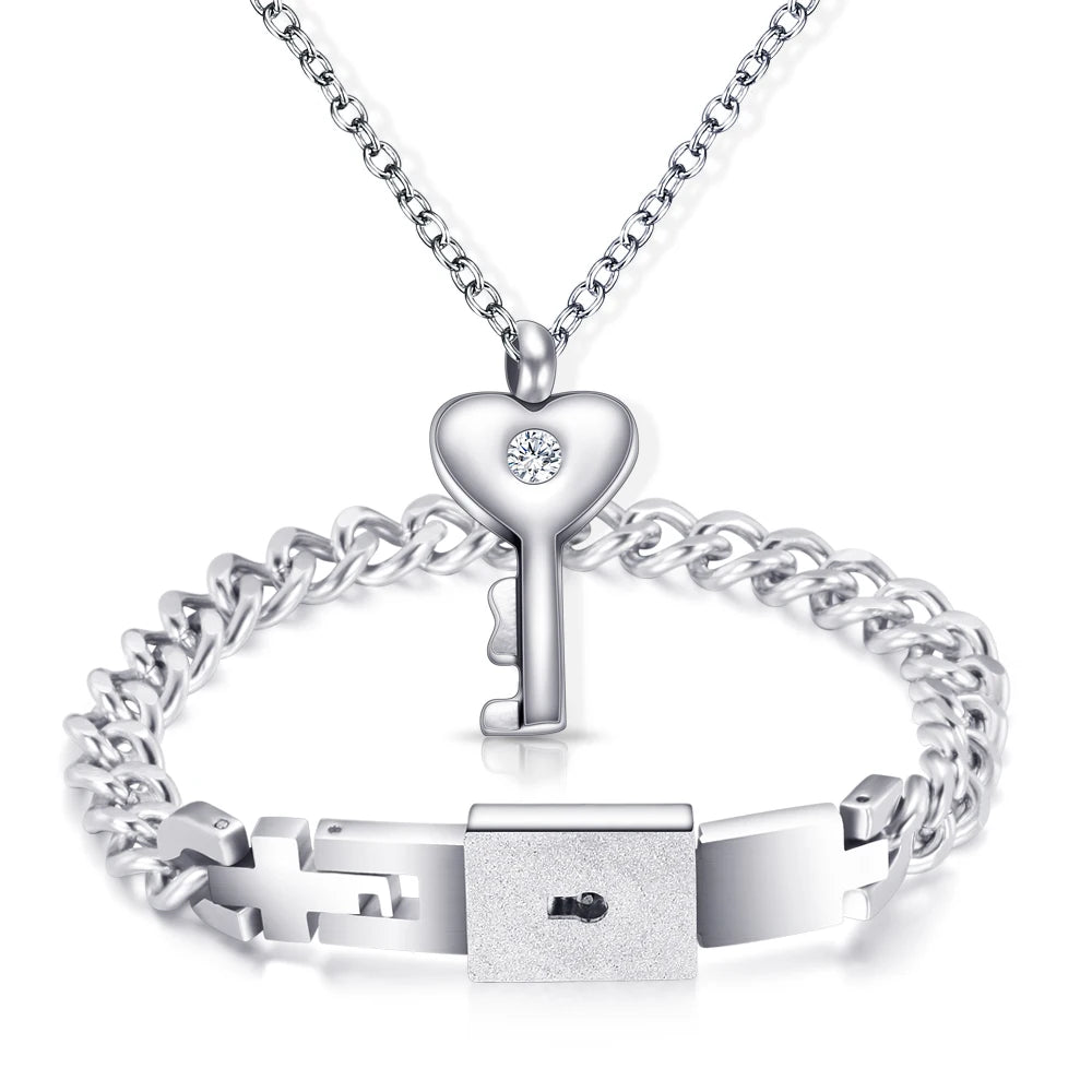 Stainless Steel Love Heart Jewelry Set - Elegant Lock & Key Pendant Necklace and Bracelet Combination