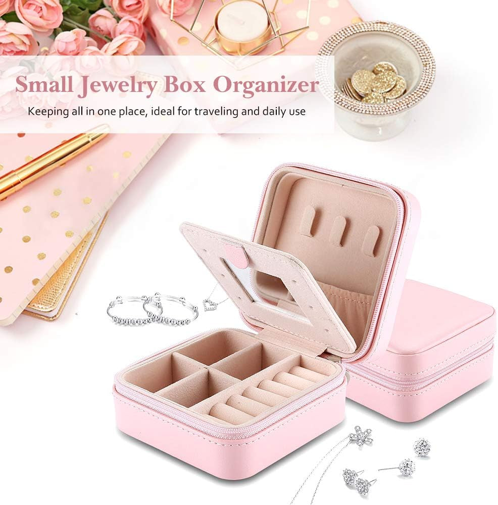 Vc-Ssb08-Pink Travel Jewellery Box for Jewellery Storage, Faux Leather Mini Jewellery Travel Case with Mirror for Necklaces Bracelets Earrings Rings Pink, Pink, Travel