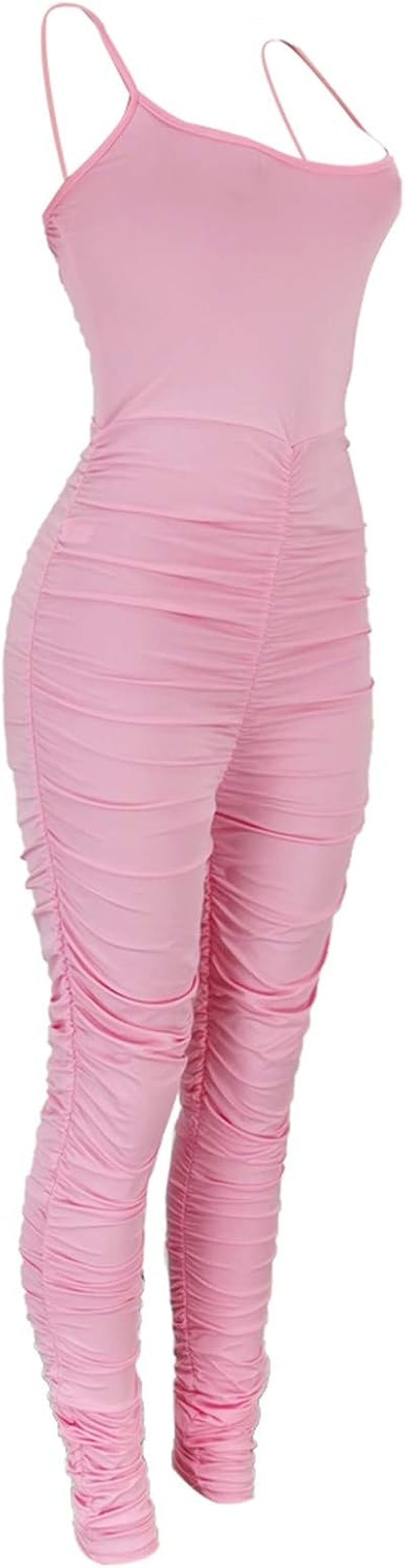 Women'S Sexy Spaghetti Strap Ruched Tank Bodycon Jumpsuits High Waist Bandage Rompers Long Pants Pink Small