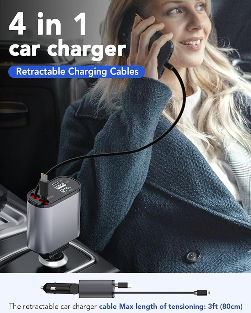 TIKTOK SHOP Retractable Car Charger, 4 in 1 Fast Car Phone Charger 66W, Retractable Cables and USB Car Charger, Compatible with iPhone 15/14/13/12/11,Galaxy,Pixel