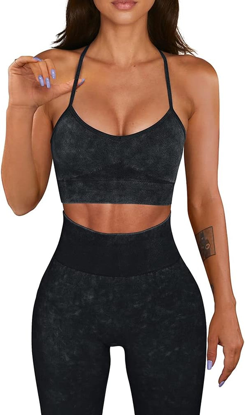 Workout Outfit for Women 2 Piece Seamless Acid Wash High Waist Leggings with Sports Bra Yoga Set Black