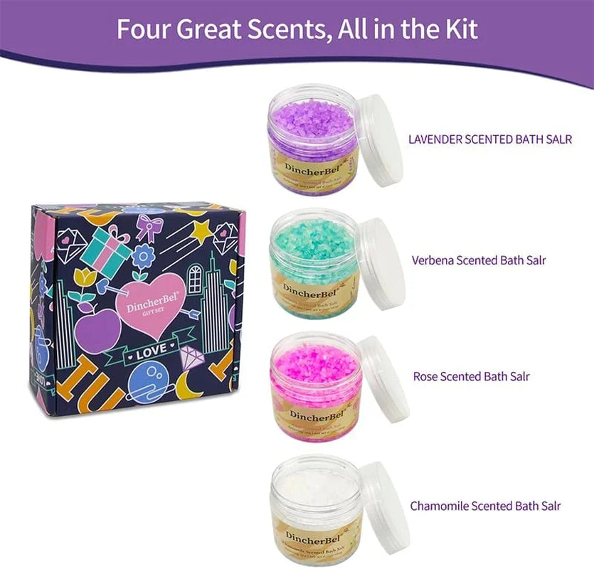 Indulge in Serenity: 4-Piece Spa Bath Salts Gift Set with Epsom Salt & Aromatic Scents - Perfect Spa Gifts for Women