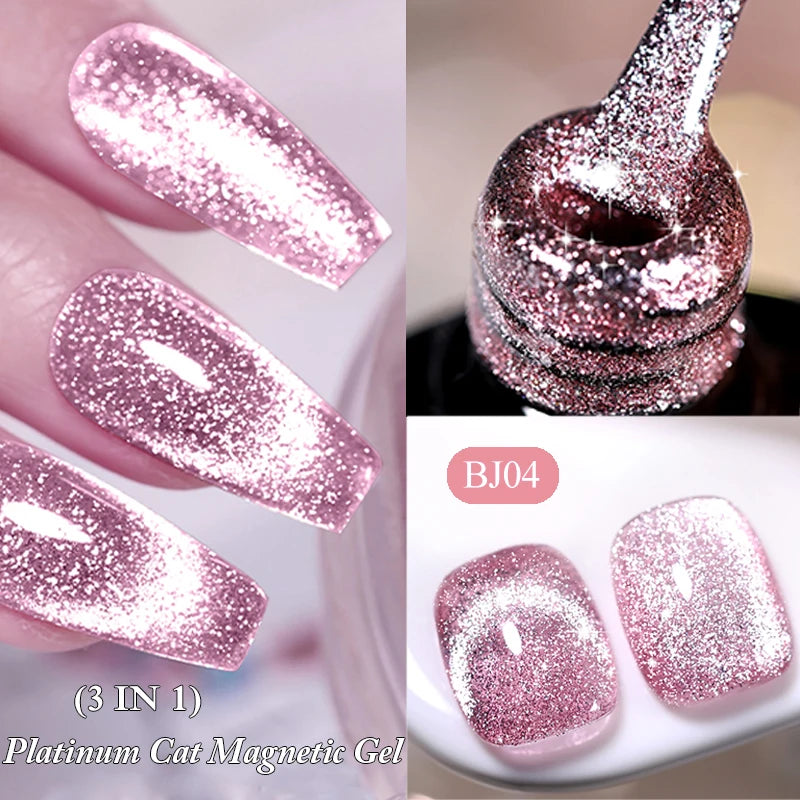3-in-1 Platinum Rose Gold Cat Magnetic Gel Nail Polish - 7ML Moonlight Glitter UV Varnish for Stunning Semi-Permanent Manicures