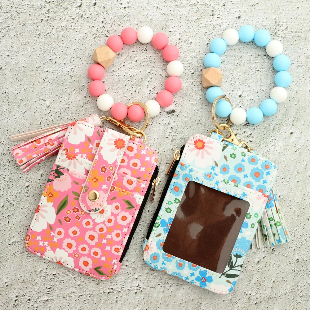 2024 Silicone Bead Bracelet Leather Card Bag Wristlet Keychain Silicone Bracelet Wallet Bangle Floret Printed Fragmented ID Bag