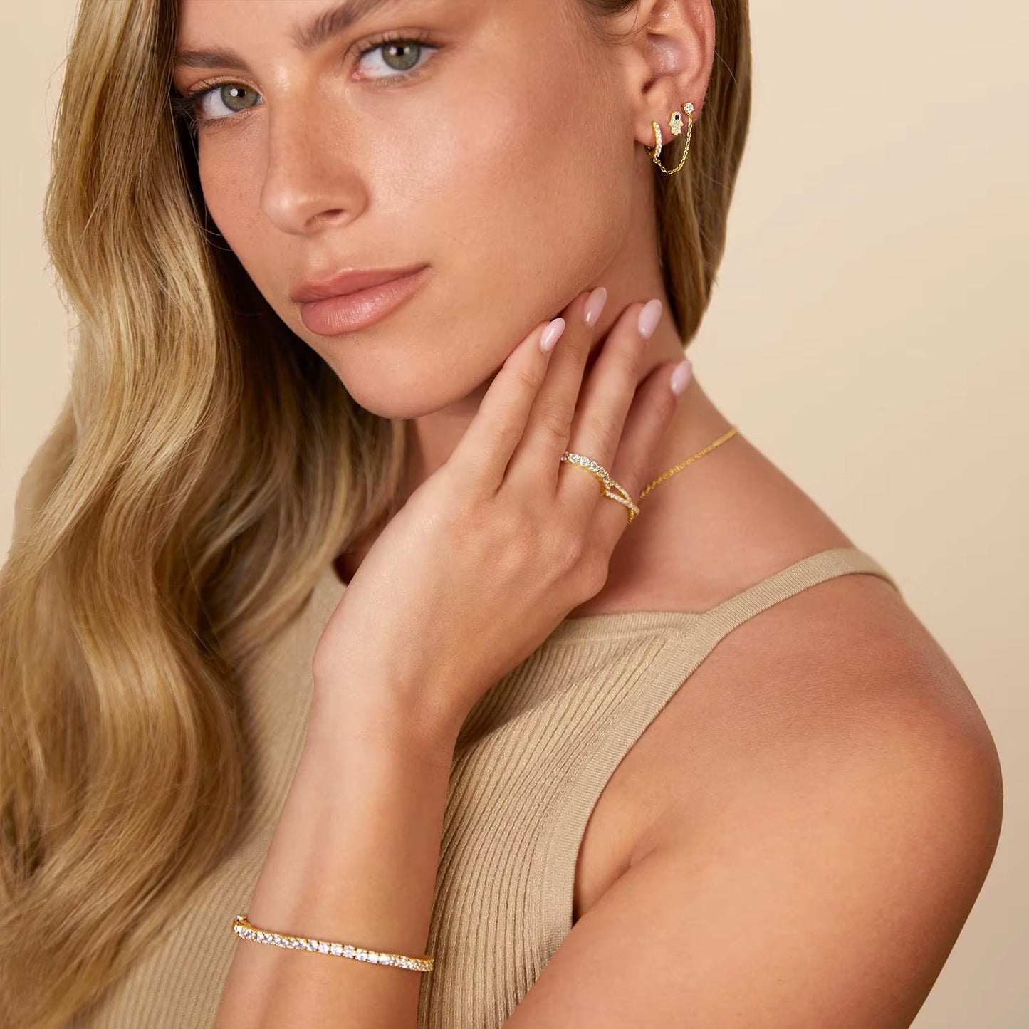 14K Gold Chain Earrings- Double Piercing Dangle Chain- Stud