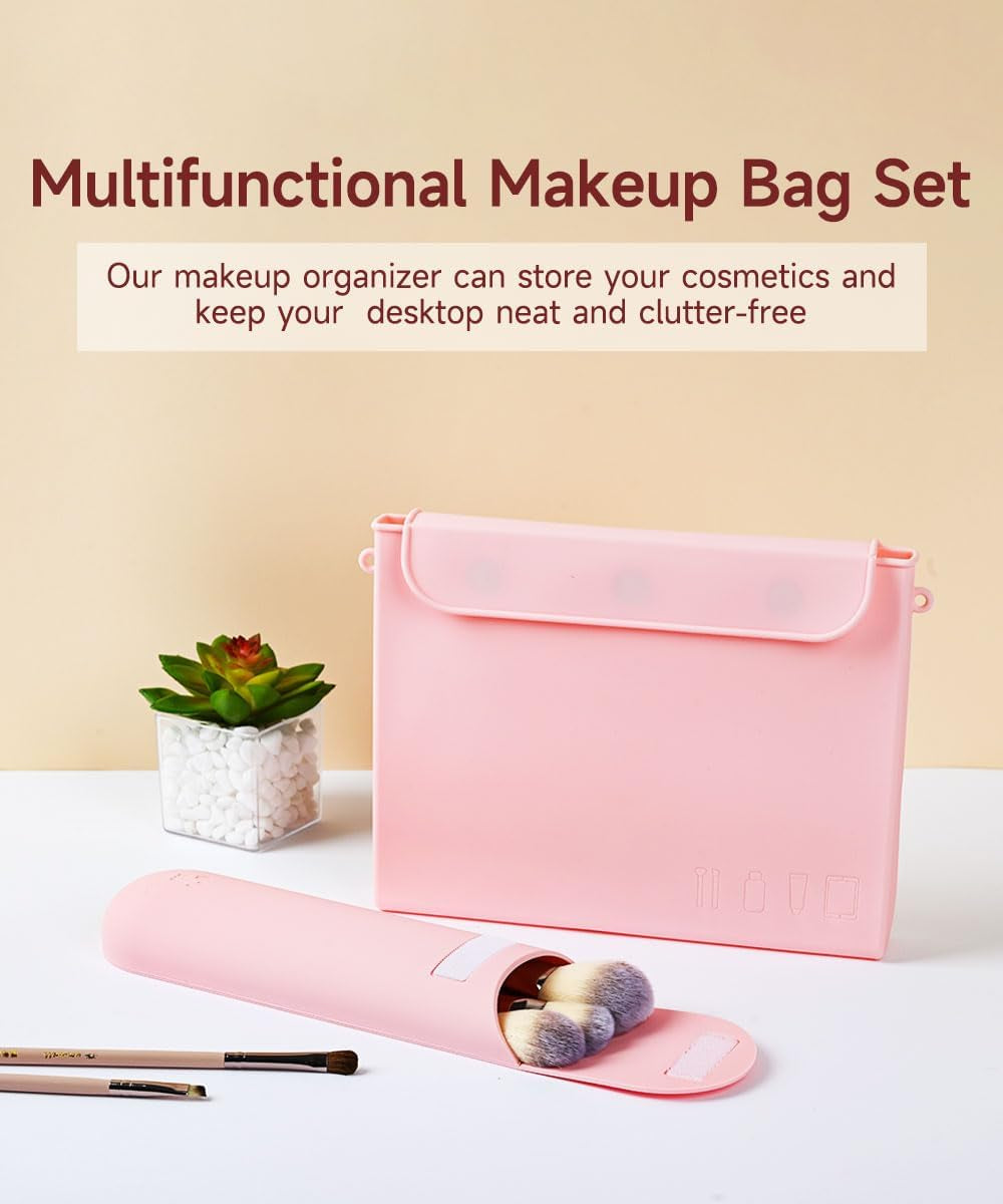 Silicone Makeup Bag & Travel Makeup Brush Holder & Makeup Sponge Holder, Travel Silicone Makeup Bag Set, Toiletry Bag for Storing Makeup Brushes and Makeup Tools (Pink)