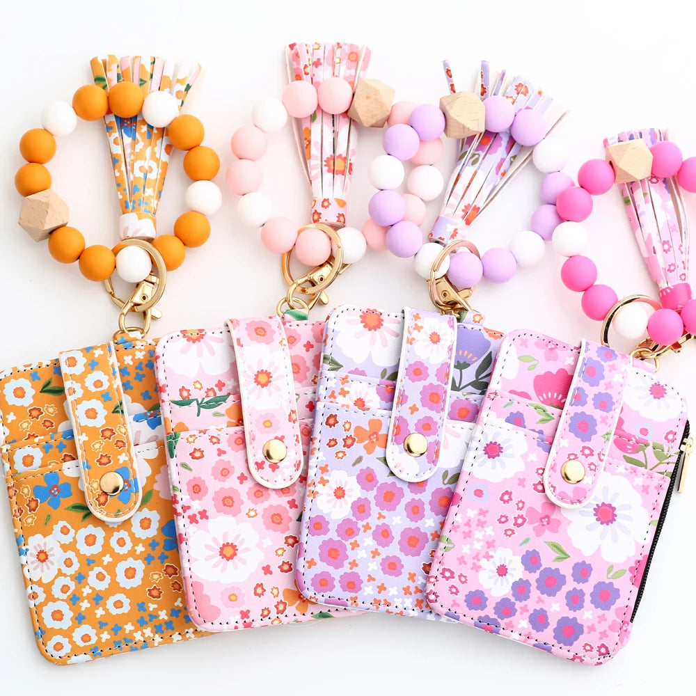2024 Silicone Bead Bracelet Leather Card Bag Wristlet Keychain Silicone Bracelet Wallet Bangle Floret Printed Fragmented ID Bag