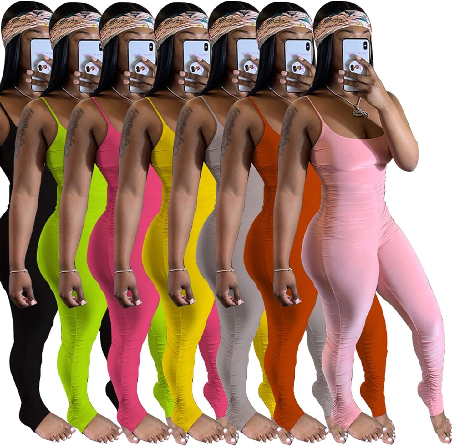 Women'S Sexy Spaghetti Strap Ruched Tank Bodycon Jumpsuits High Waist Bandage Rompers Long Pants Pink Small