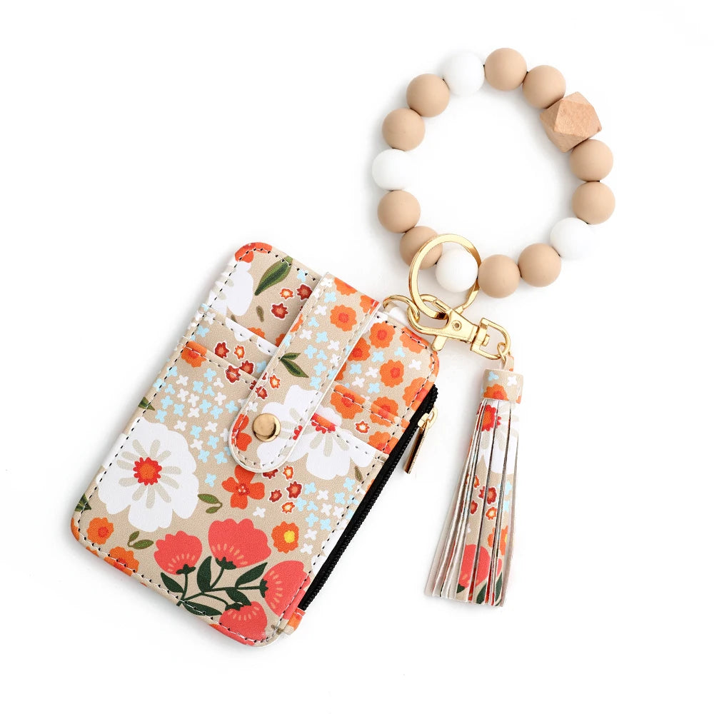 2024 Silicone Bead Bracelet Leather Card Bag Wristlet Keychain Silicone Bracelet Wallet Bangle Floret Printed Fragmented ID Bag
