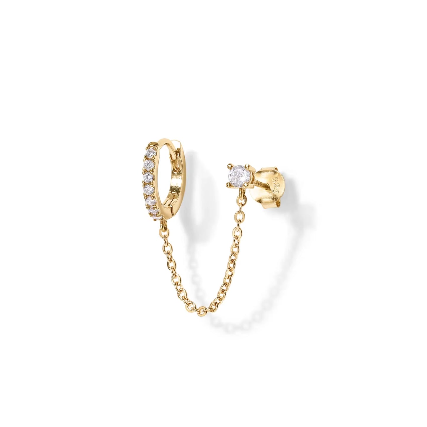 14K Gold Chain Earrings- Double Piercing Dangle Chain- Stud