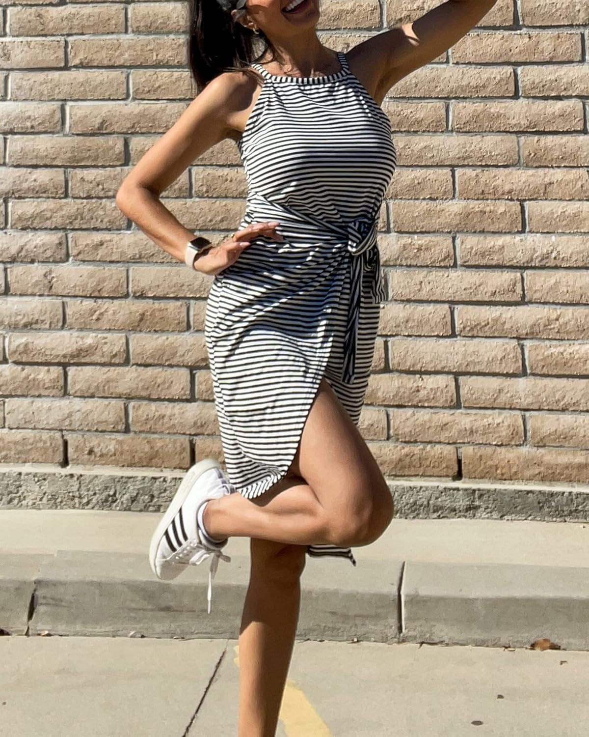Women Casual Sleeveless Striped Tank Midi Dresses Halter Neck Ruched Bodycon Dresses Tie Waist T Shirt Summer Dress