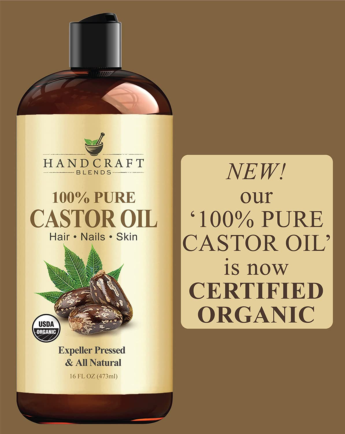 Organic Castor Oil - 16 Fl Oz - 100% Pure and Natural - Premium Grade Carrier Oil for Hair Growth, Eyelashes and Eyebrows - Hair and Body - Expeller-Pressed& Hexane-Free