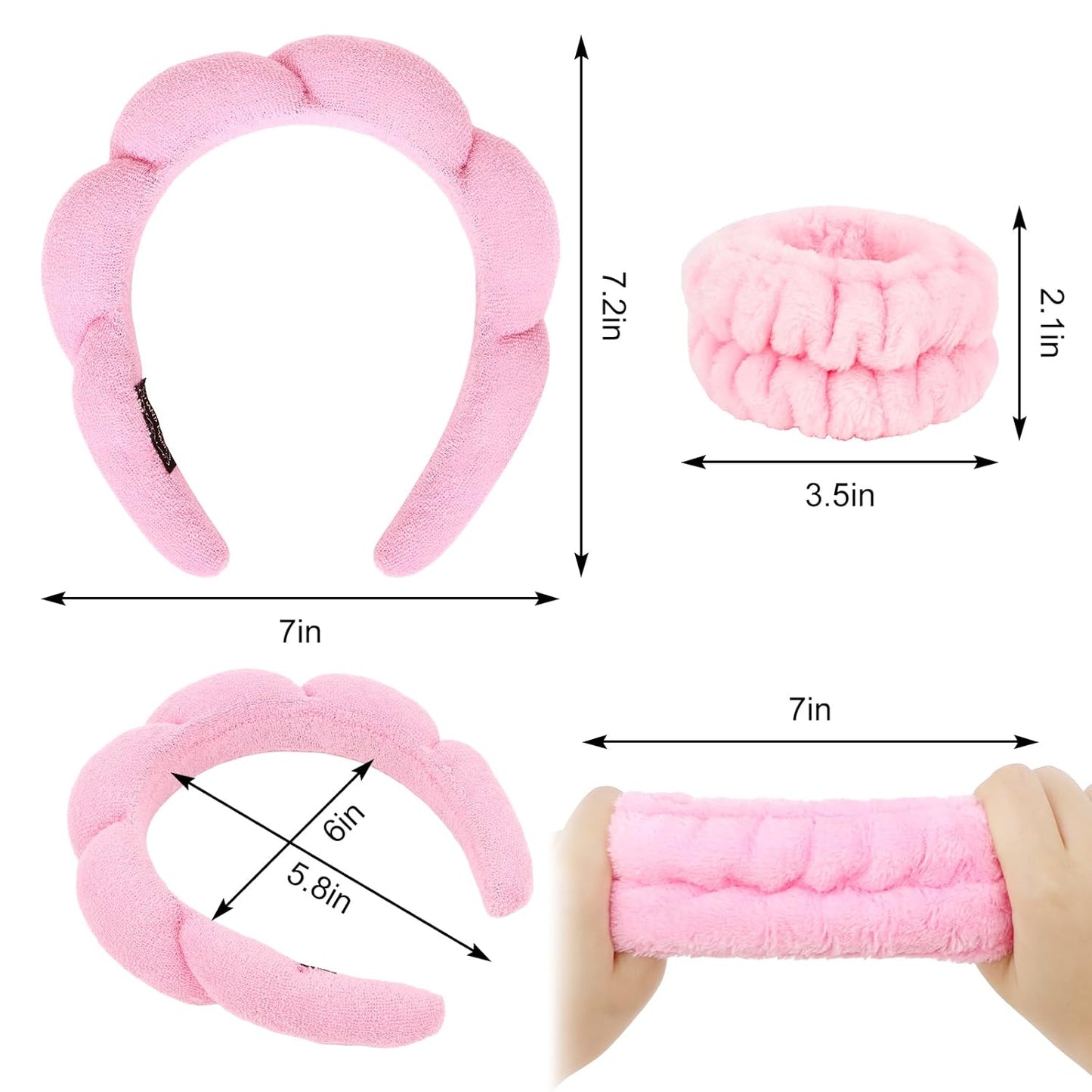 Pink Skincare Headband and Wristband Set for Washing Face, Makeup, Spa - Bubble Puffy Terry Cloth Soft Sponge Clouds Hair Accessories for Women
