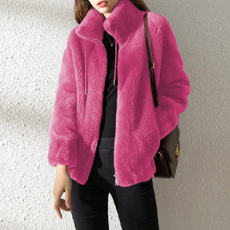 Cozy Double-Faced Fleece Jacket for Couples - Chic Padded Stand-Collar Winter Coat in Trendy Solid Colors
