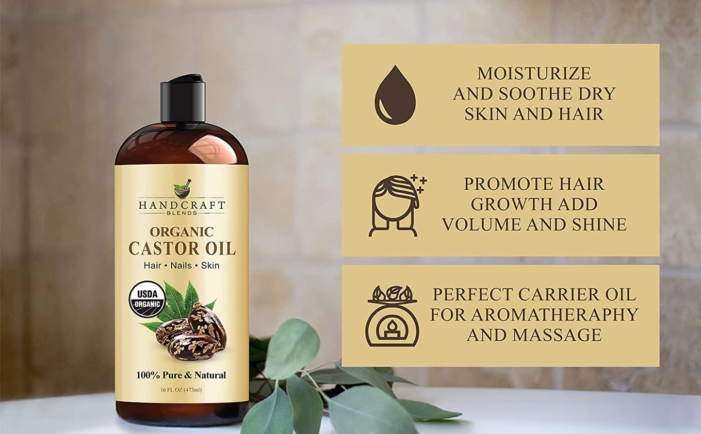 Organic Castor Oil - 16 Fl Oz - 100% Pure and Natural - Premium Grade Carrier Oil for Hair Growth, Eyelashes and Eyebrows - Hair and Body - Expeller-Pressed& Hexane-Free
