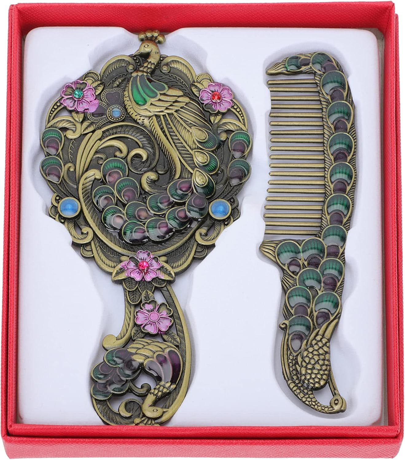 Elegant Vintage Peacock Handle Makeup Mirror Set - Portable Handheld Antique Cosmetic Mirrors for Travel and Personal Use