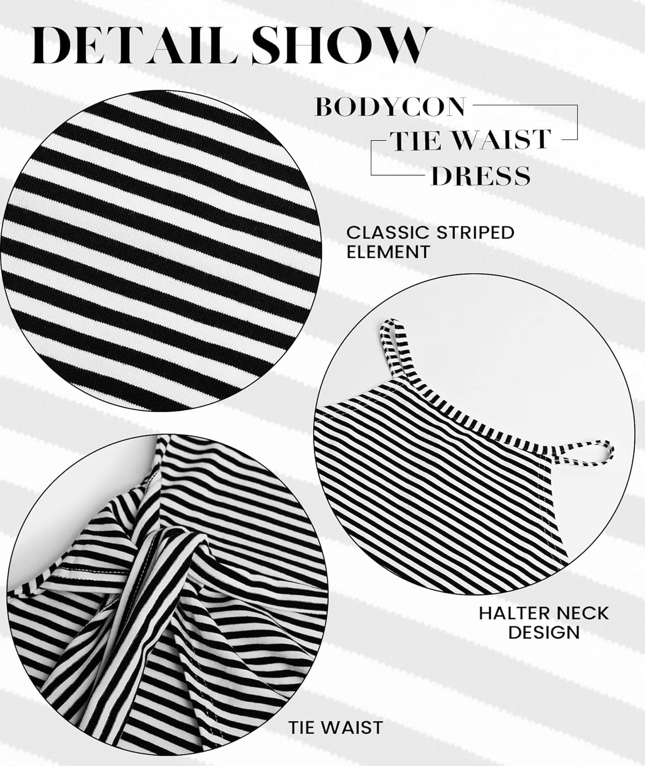 Women Casual Sleeveless Striped Tank Midi Dresses Halter Neck Ruched Bodycon Dresses Tie Waist T Shirt Summer Dress
