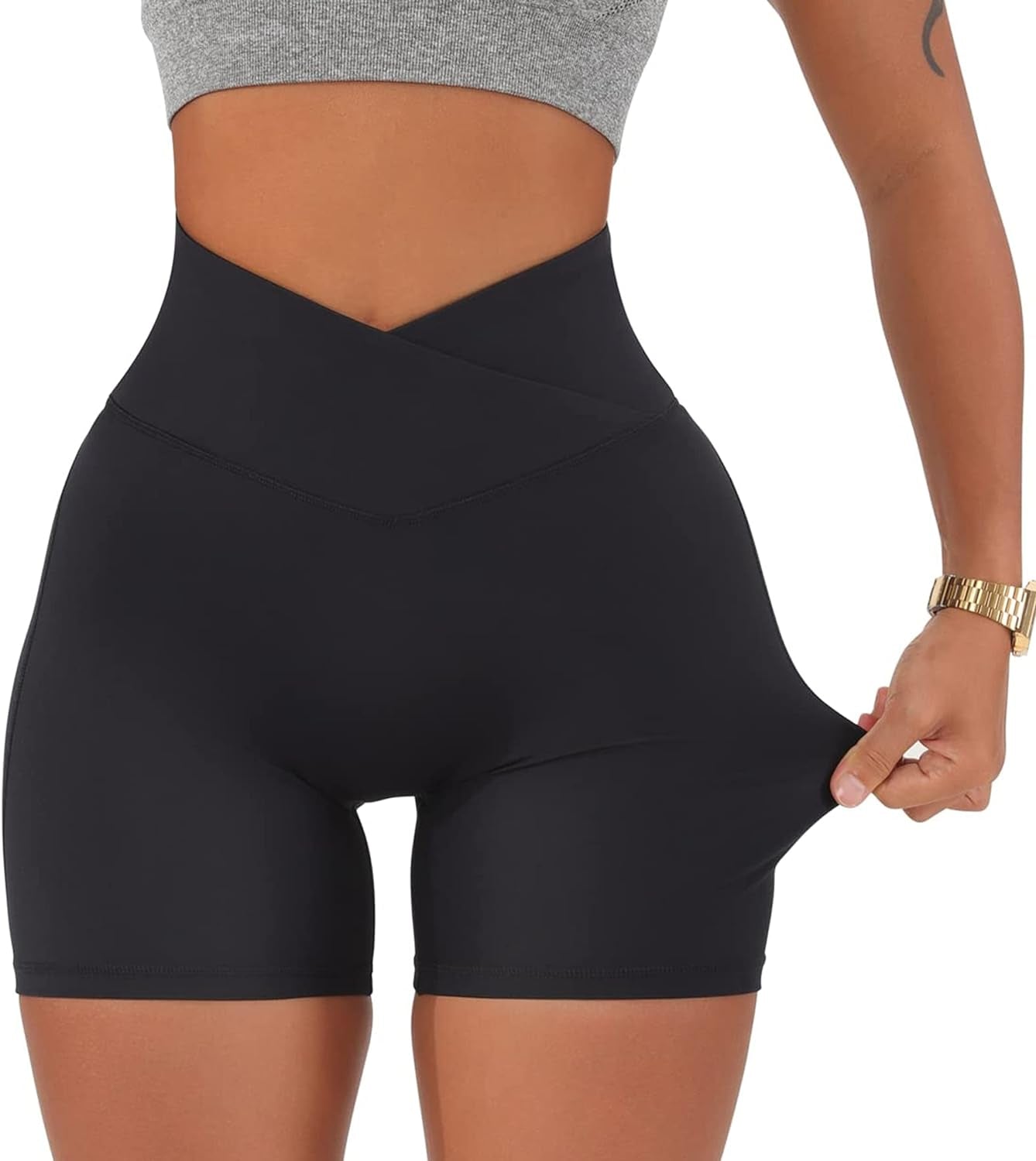 Women'S Cross Waist Biker Shorts Butt Lift 5" Running Gym Workout Yoga Shorts Medium Black