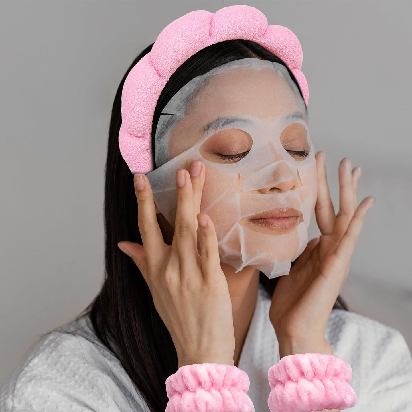 Pink Skincare Headband and Wristband Set for Washing Face, Makeup, Spa - Bubble Puffy Terry Cloth Soft Sponge Clouds Hair Accessories for Women