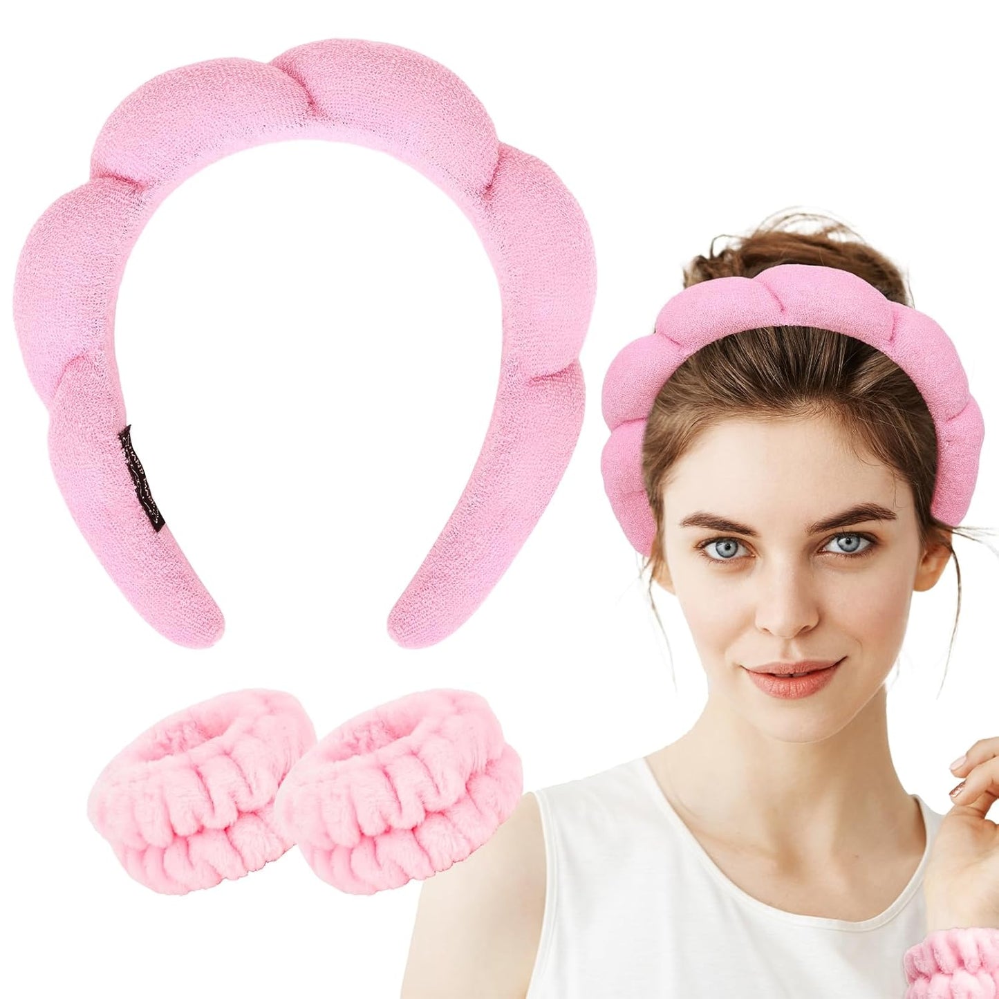 Pink Skincare Headband and Wristband Set for Washing Face, Makeup, Spa - Bubble Puffy Terry Cloth Soft Sponge Clouds Hair Accessories for Women