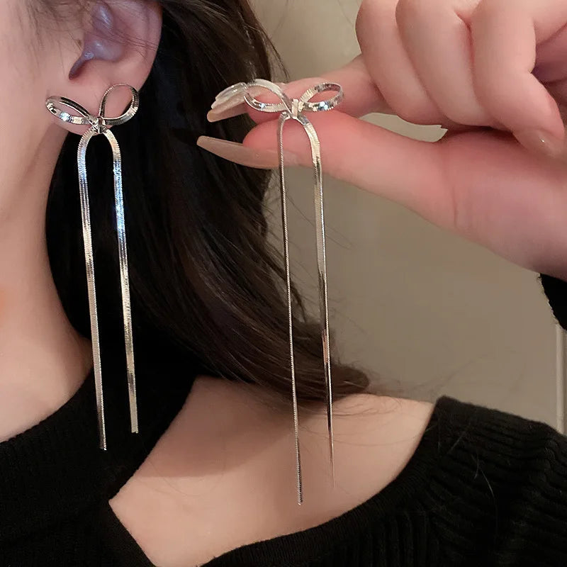Fashion Long Tassel Bow Earrings for Women Stainless Steel Flat Snake Chain Bowknot Drop Earrings Statement Jewelry Girls Gift