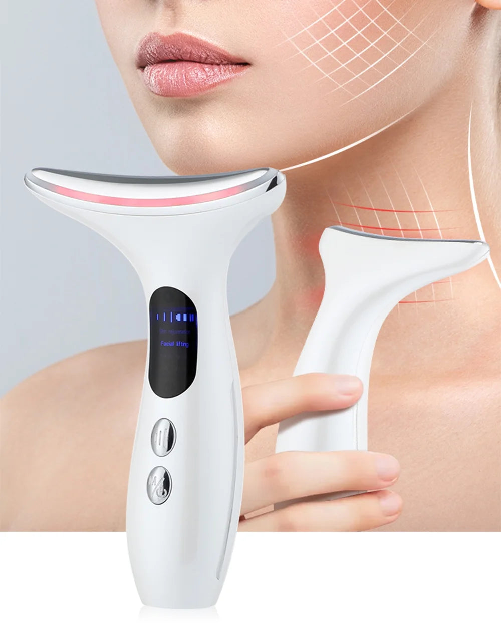 Neck and Face Firming Treatment Tool - Double Chin Reducer with LED Therapy, Thermal and Vibration Technologies for Youthful Skin