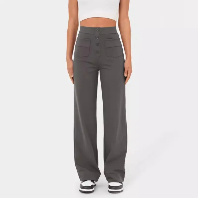 Fashion New Women'S Straight-Leg Casual Pants High-Waisted Buttoned Elastic Pockets Multiple Pockets Solid Pants