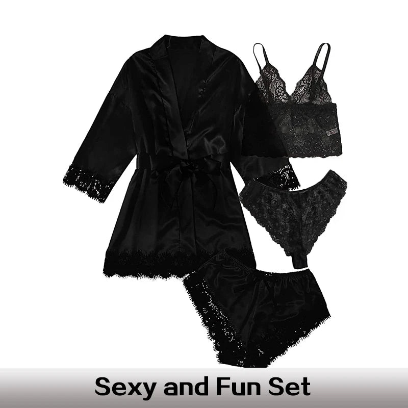 Summer 4 Piece Set of Women'S Lace Underwear Paired with Pajama Waistband Outer Robesexy Pajama Lace Patchwork Home Pajama Set