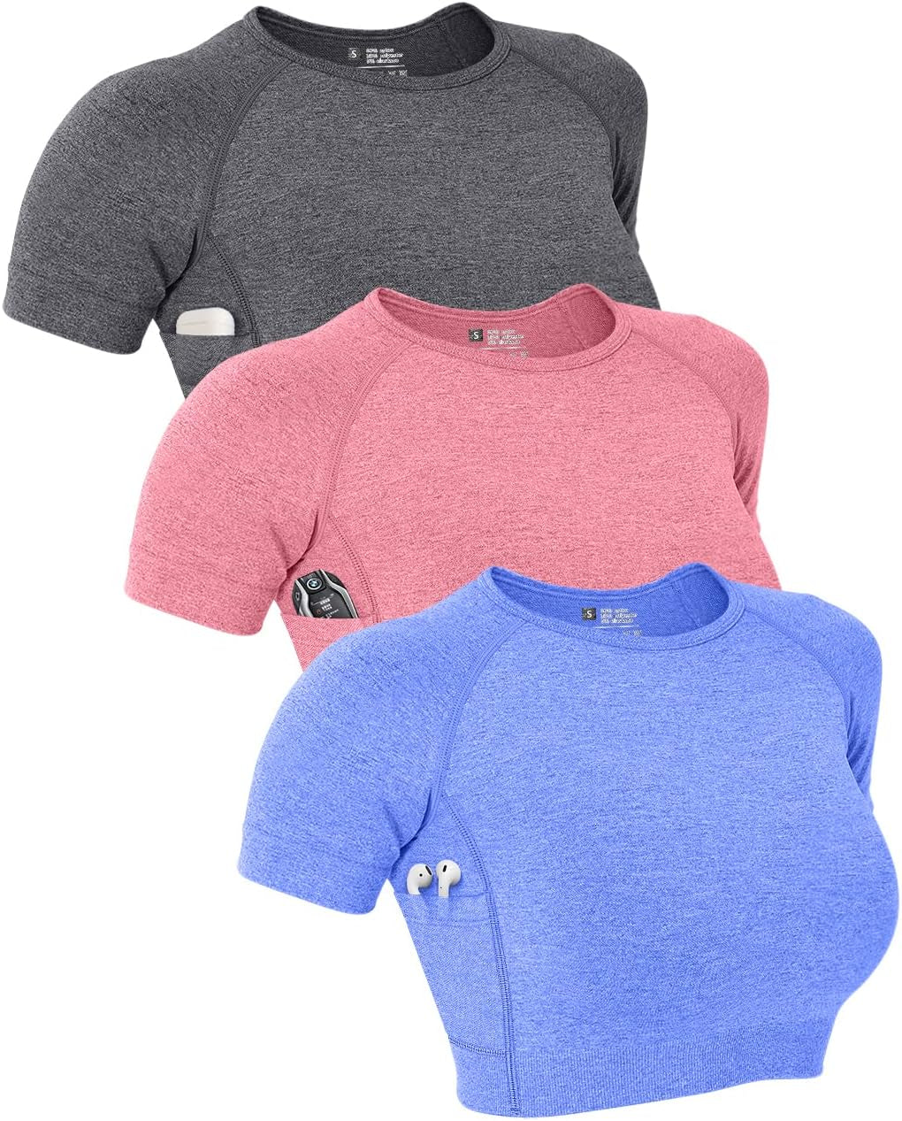 Women'S 3 Piece Yoga Crop Tank Top Fitness Running Cami Workout Shirts with Pockets Grey Red Blue