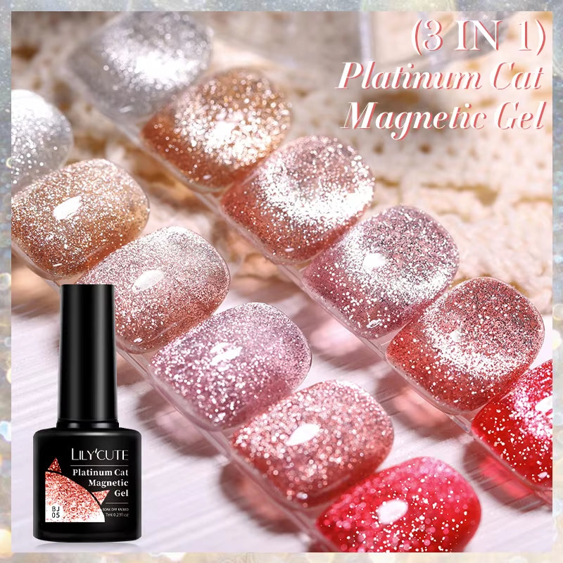 3-in-1 Platinum Rose Gold Cat Magnetic Gel Nail Polish - 7ML Moonlight Glitter UV Varnish for Stunning Semi-Permanent Manicures