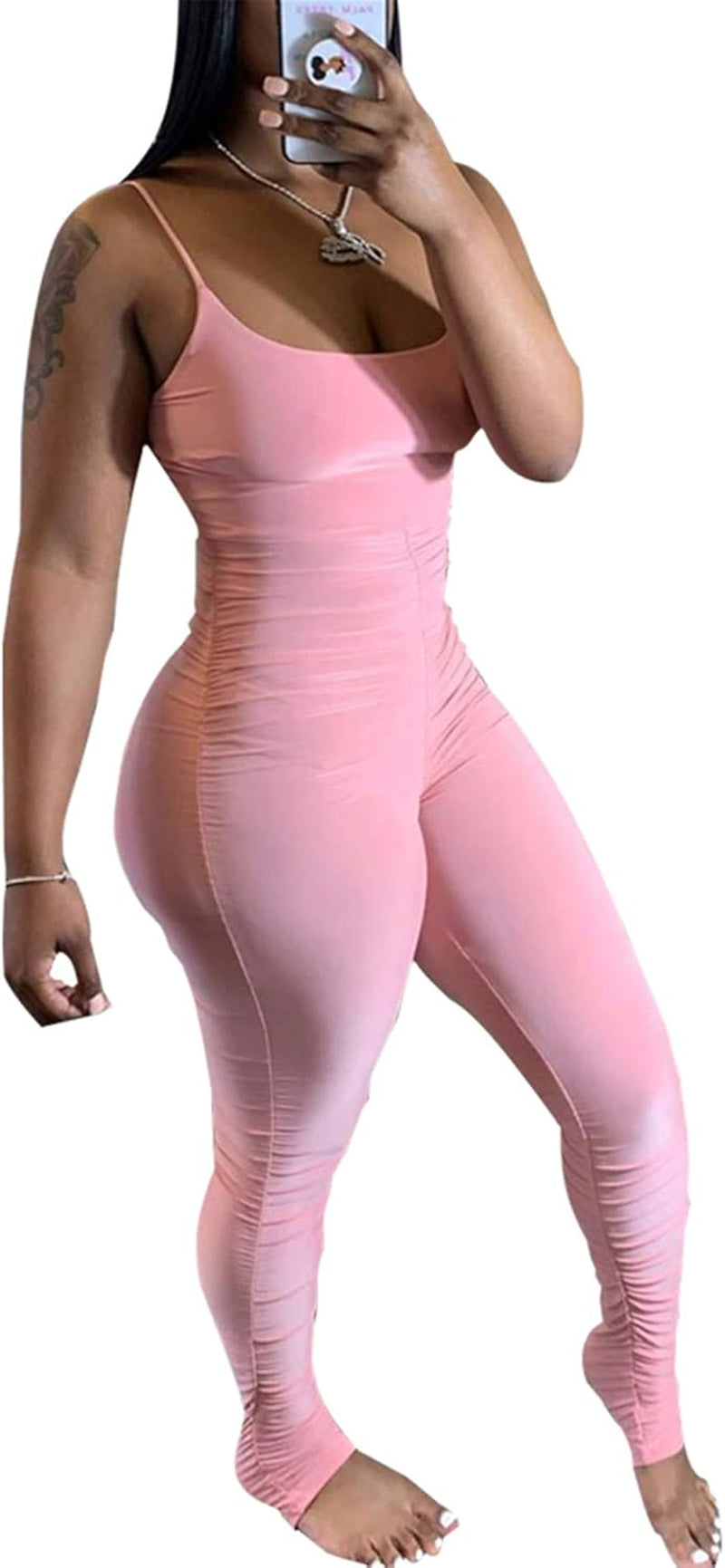 Women'S Sexy Spaghetti Strap Ruched Tank Bodycon Jumpsuits High Waist Bandage Rompers Long Pants Pink Small