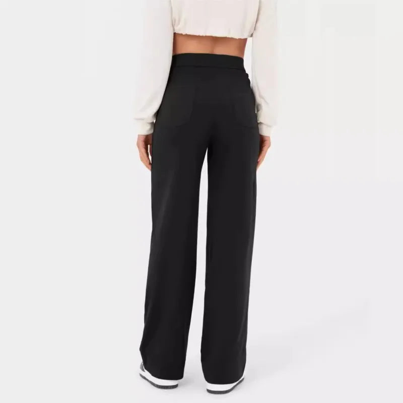 Fashion New Women'S Straight-Leg Casual Pants High-Waisted Buttoned Elastic Pockets Multiple Pockets Solid Pants