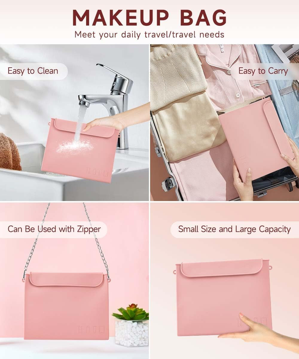 Silicone Makeup Bag & Travel Makeup Brush Holder & Makeup Sponge Holder, Travel Silicone Makeup Bag Set, Toiletry Bag for Storing Makeup Brushes and Makeup Tools (Pink)