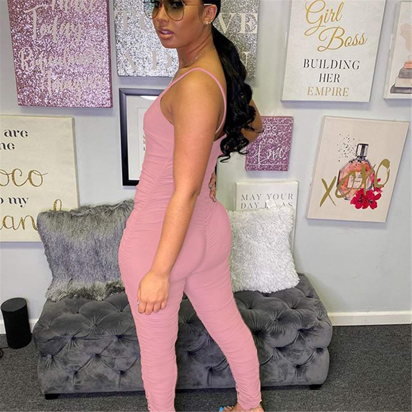 Women'S Sexy Spaghetti Strap Ruched Tank Bodycon Jumpsuits High Waist Bandage Rompers Long Pants Pink Small